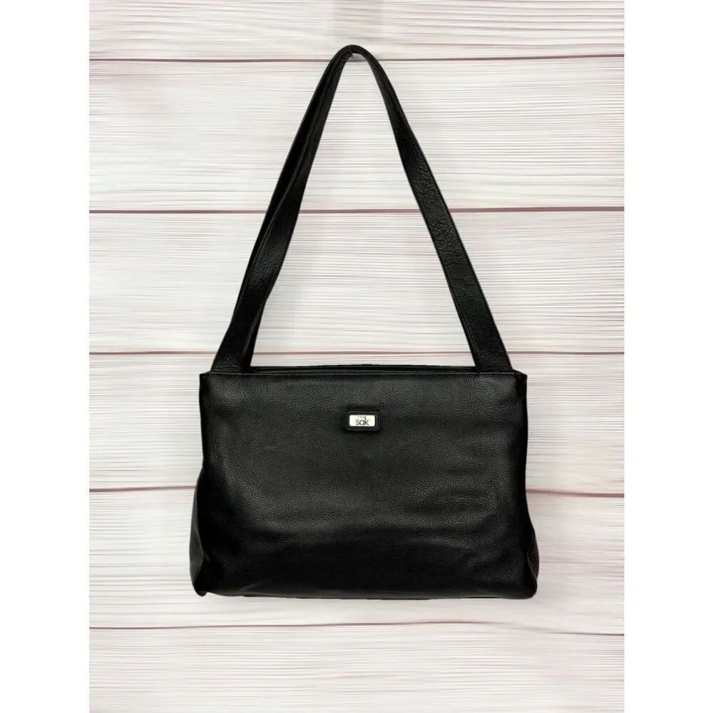 The Sak Black Pebbled Leather Shoulder Bag Double Zip Compartment Medium NWOT